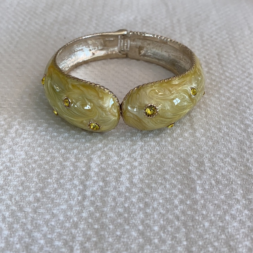 Yellow and Silver Preppy Enamel Hinge Bangle Statement Bracelet with Crystals